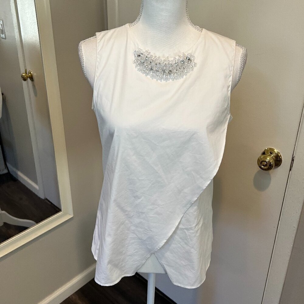Zara Basic White Sleeveless Wrap top with beaded collar, Size Medium